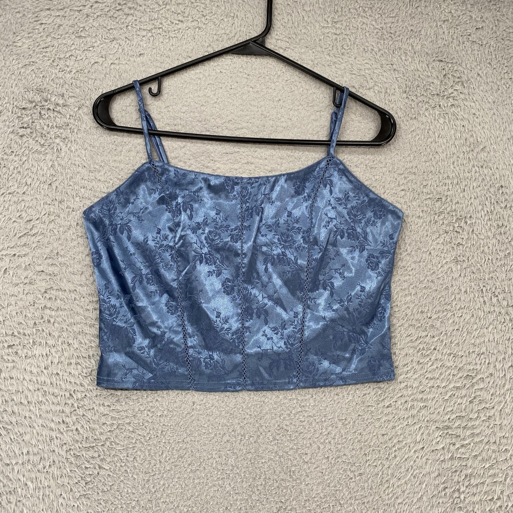 Victorias Secret Y2K Crop Tank Womens Medium Blue Satin Floral Jacquard Crop Top